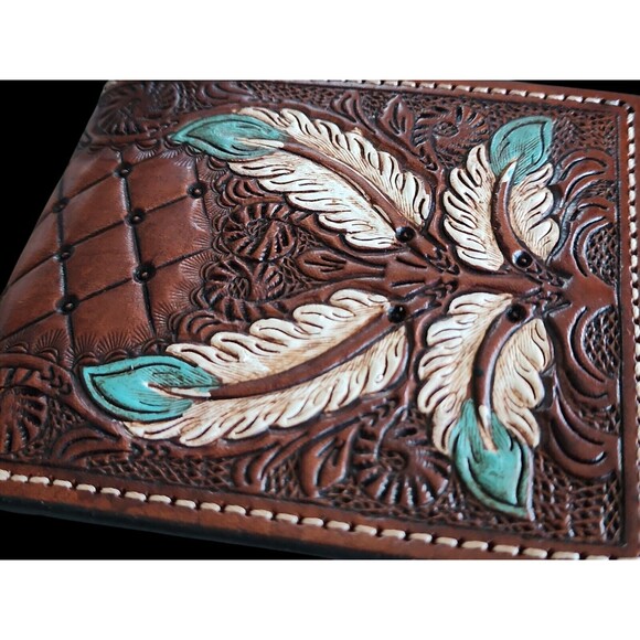 Western Chestnut Leather Bi-fold Wallet Floral FeatersTooled Basket Weave - Picture 8 of 9